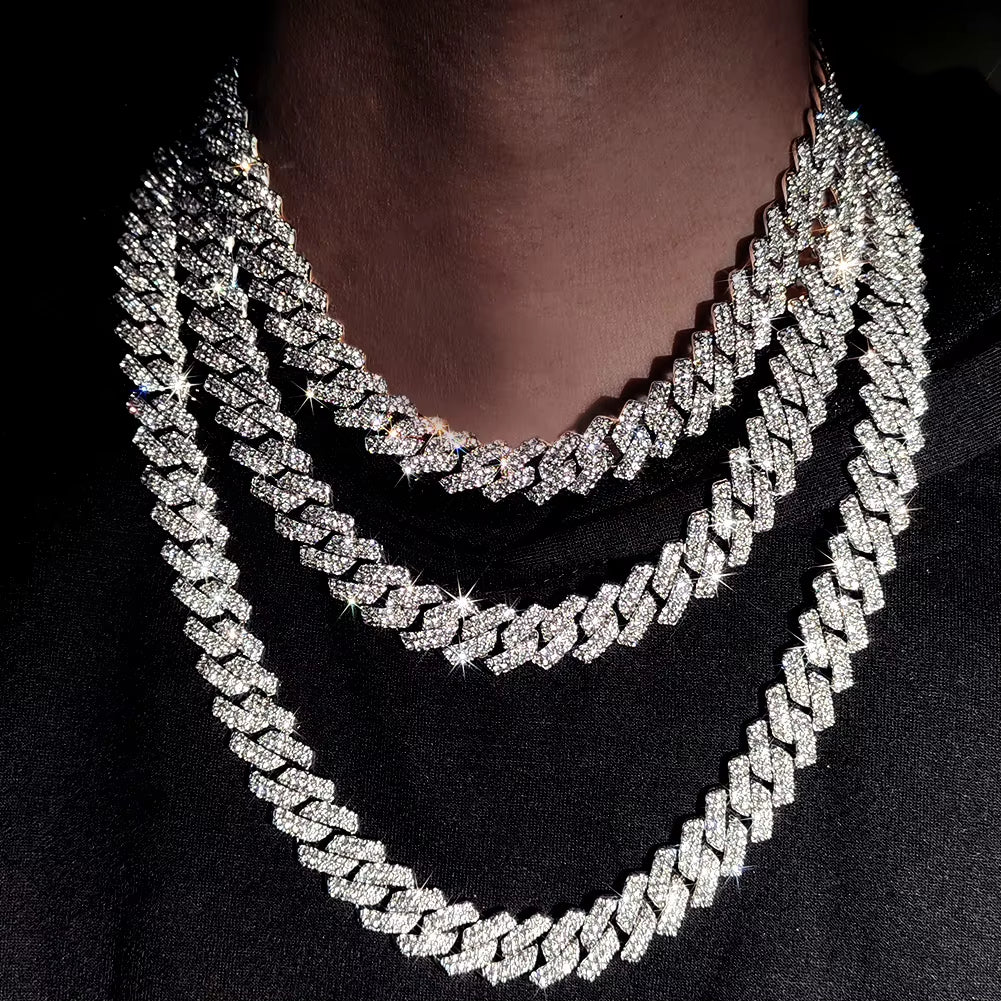 16/18/20/22/24Inch Prong Cuban Link Chain for Women Men Iced Out 2 Row Rhinestone Miami Rhombus Hip Hop Cuban Necklaces Jewelry