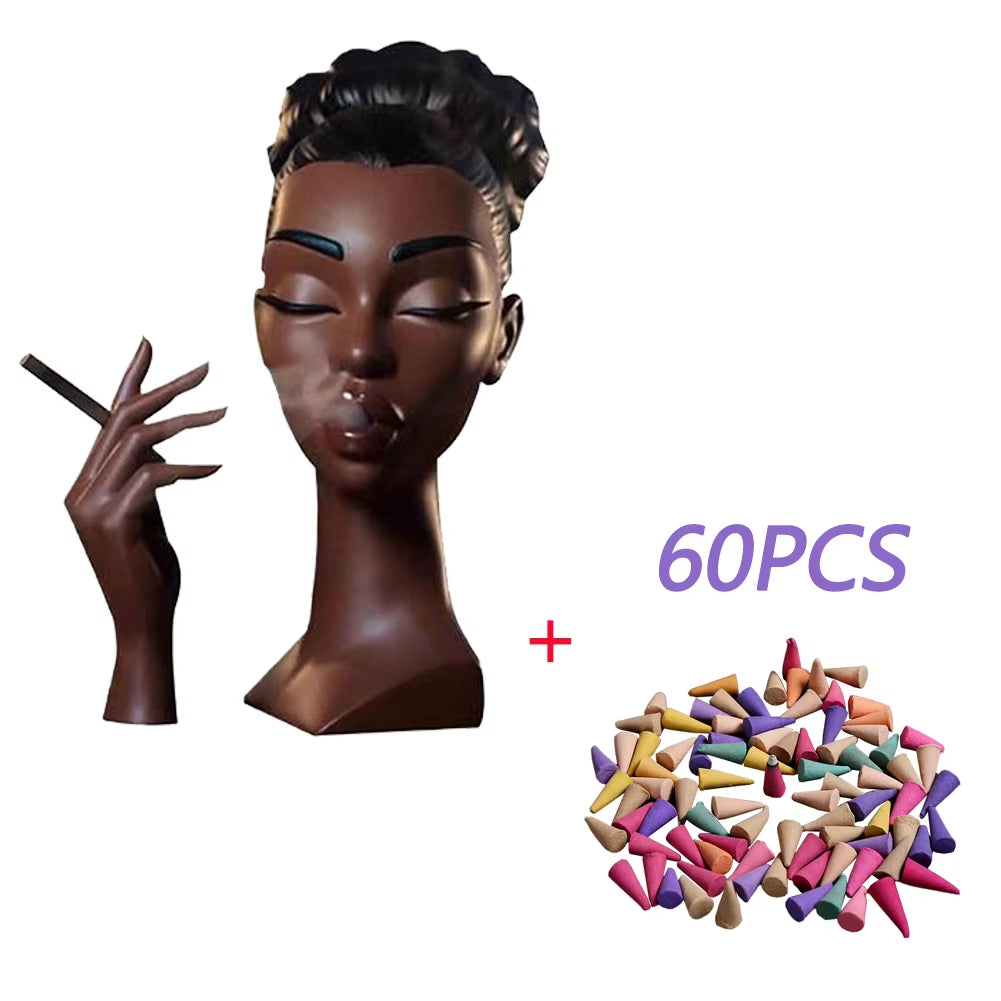 Elegant Black Woman Face Resin Incense Burner with 60 Incense Cones - Perfect for Home and Office Serenity