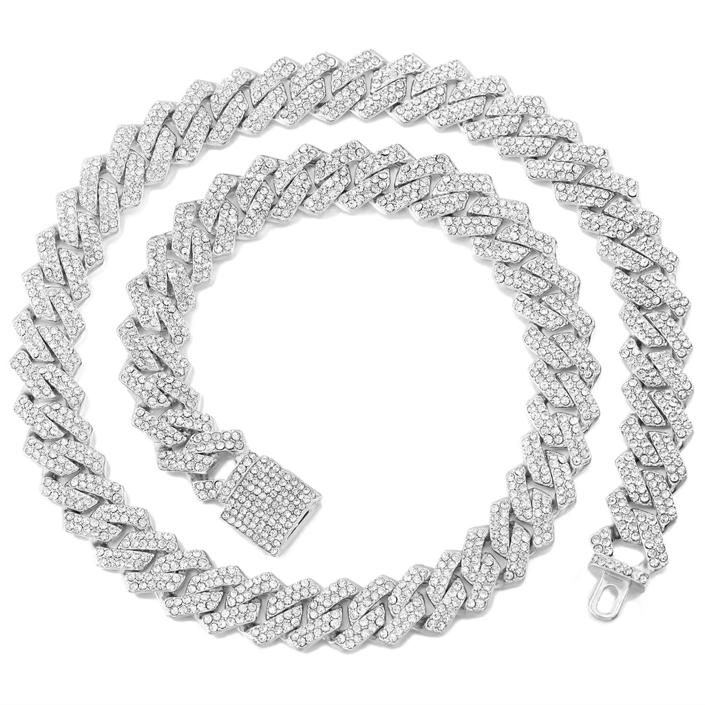 16/18/20/22/24Inch Prong Cuban Link Chain for Women Men Iced Out 2 Row Rhinestone Miami Rhombus Hip Hop Cuban Necklaces Jewelry