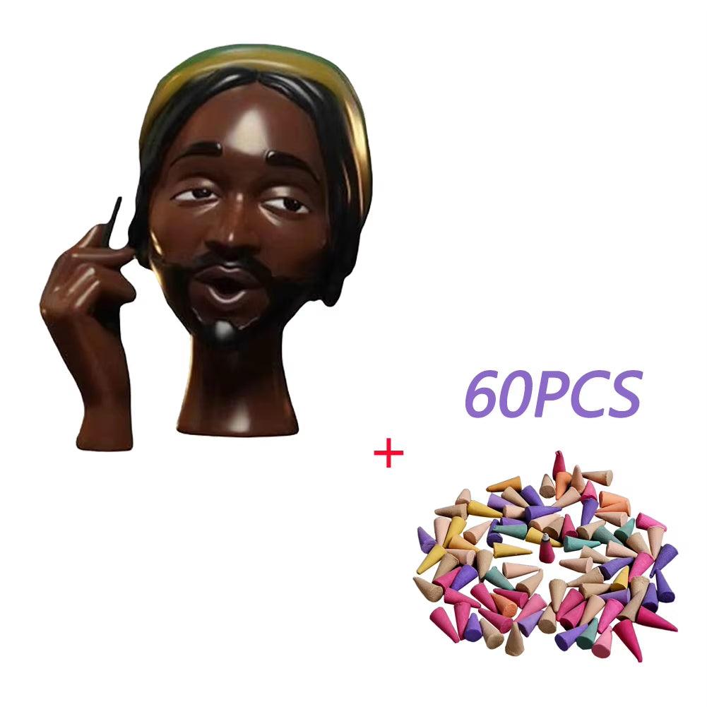 Elegant Black Woman Face Resin Incense Burner with 60 Incense Cones - Perfect for Home and Office Serenity