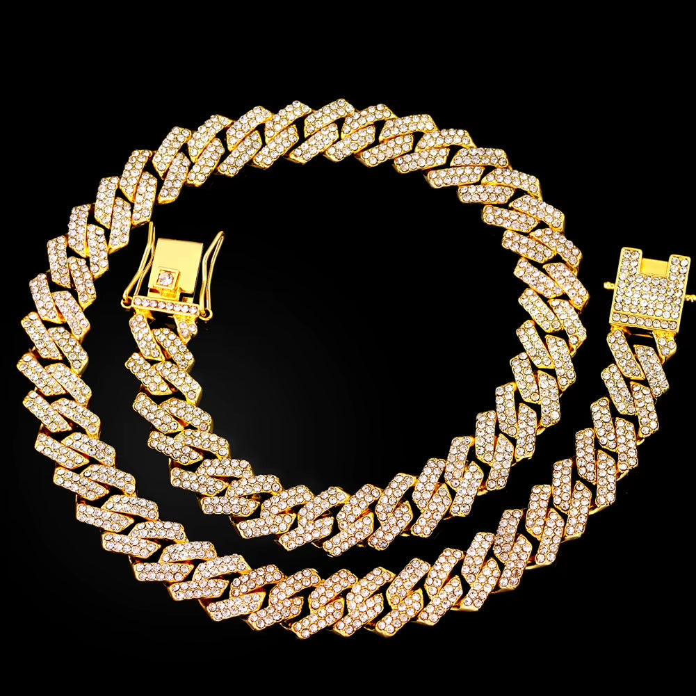 16/18/20/22/24Inch Prong Cuban Link Chain for Women Men Iced Out 2 Row Rhinestone Miami Rhombus Hip Hop Cuban Necklaces Jewelry