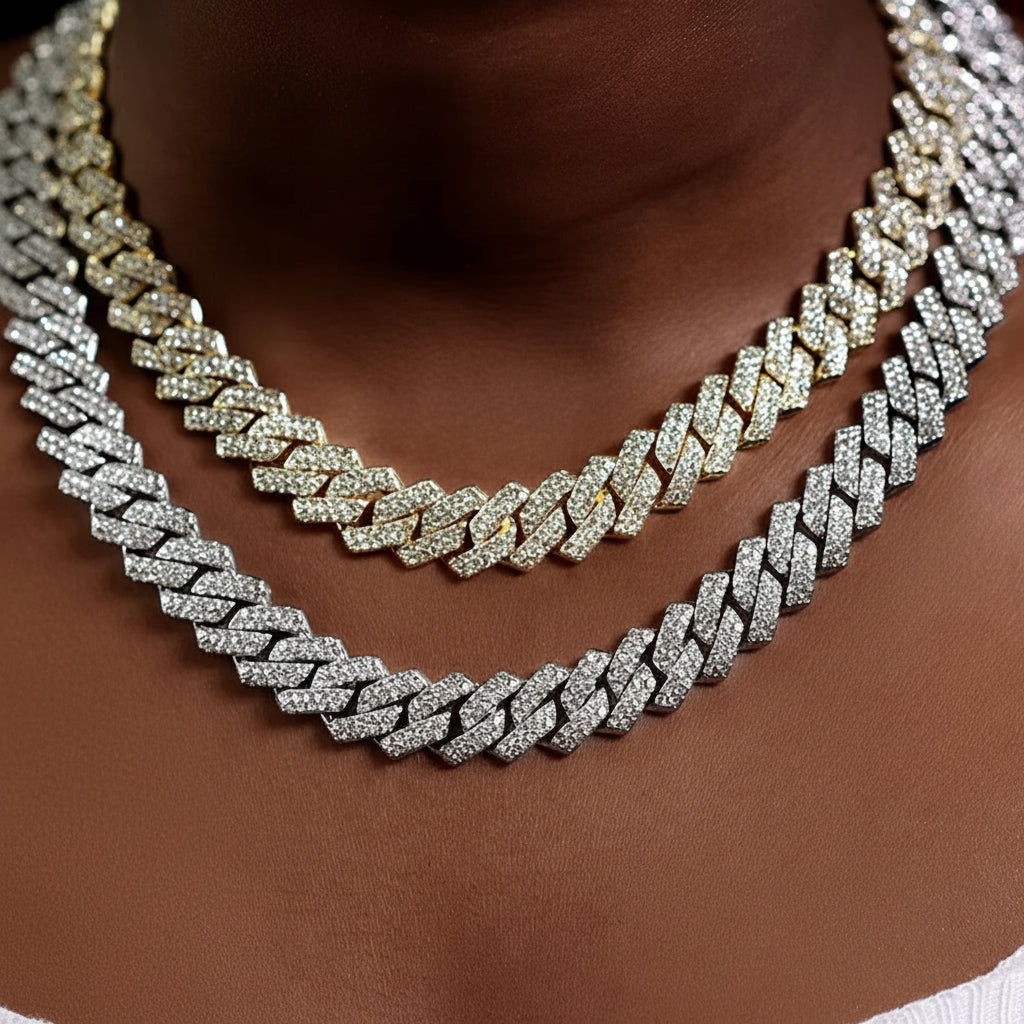 16/18/20/22/24Inch Prong Cuban Link Chain for Women Men Iced Out 2 Row Rhinestone Miami Rhombus Hip Hop Cuban Necklaces Jewelry
