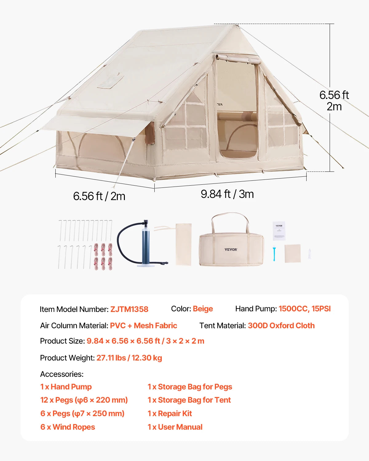 Inflatable Tents for Camp Easy Setup Blow up Tent with Hand Pump 300D Oxford Tent with Stove Jack Storage Bag Included