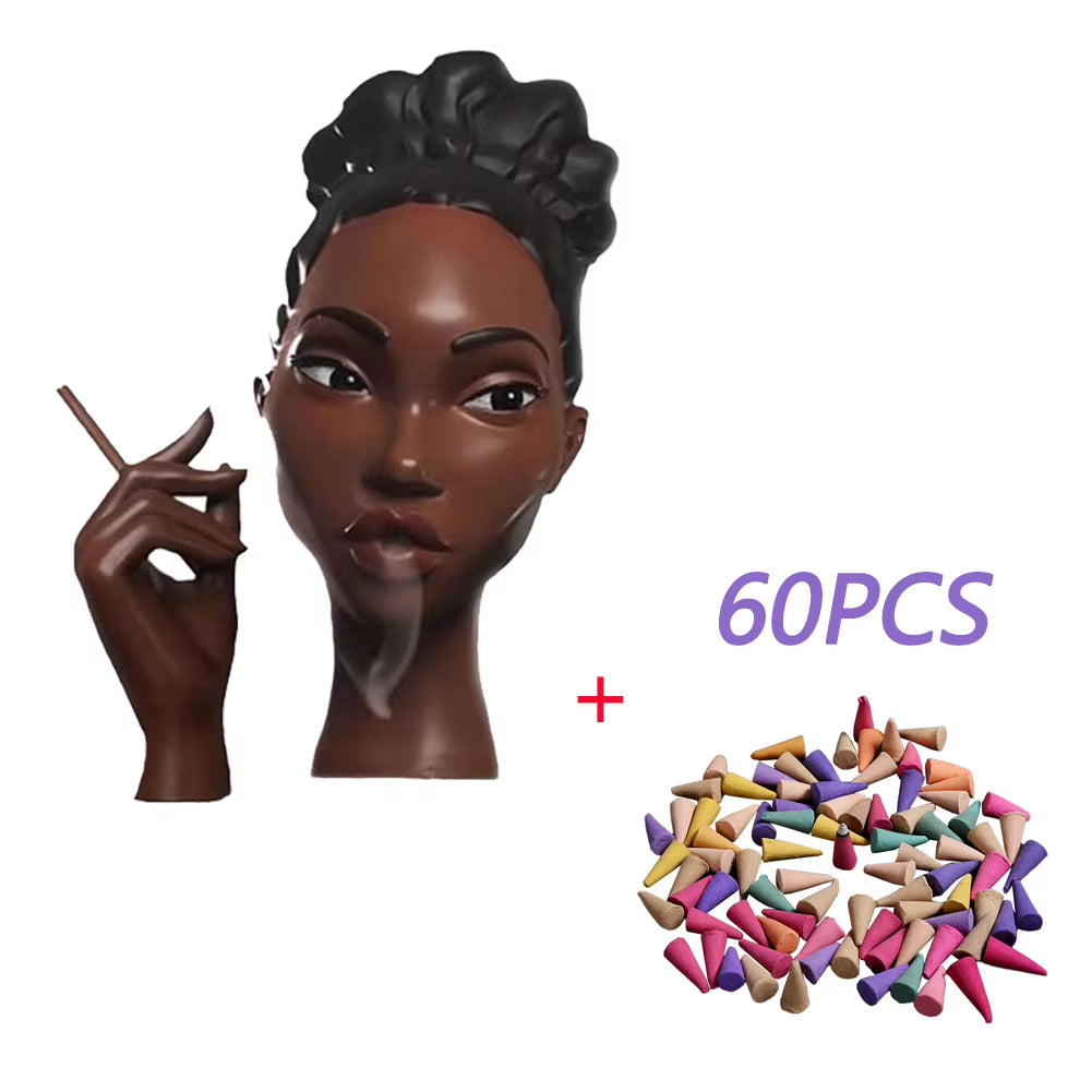 Elegant Black Woman Face Resin Incense Burner with 60 Incense Cones - Perfect for Home and Office Serenity