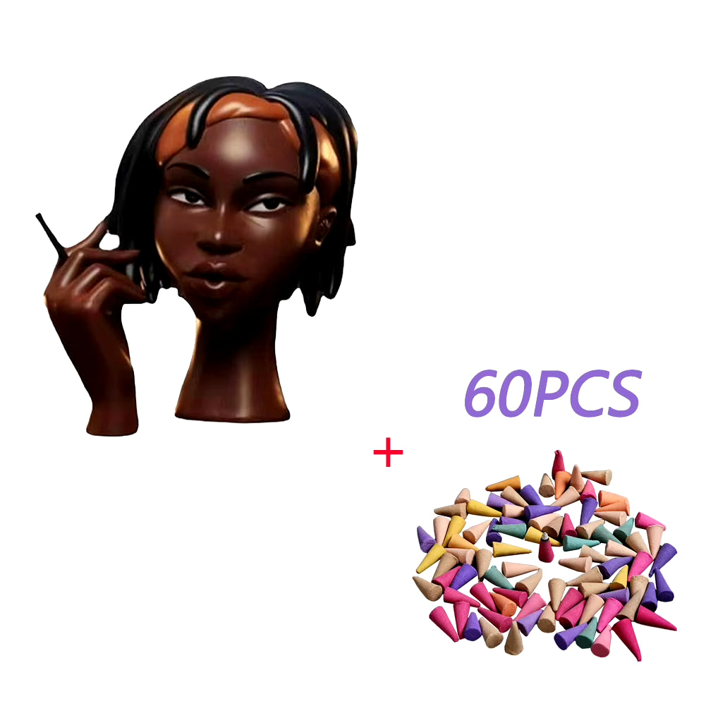 Elegant Black Woman Face Resin Incense Burner with 60 Incense Cones - Perfect for Home and Office Serenity